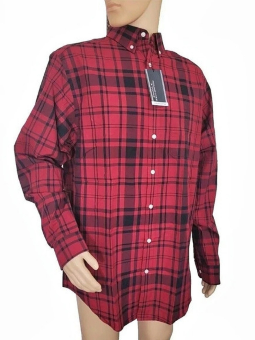 Roundtree & Yorke Men's Shirt Size LT Luxury Cotton Long Sleeve Plaid Red 12